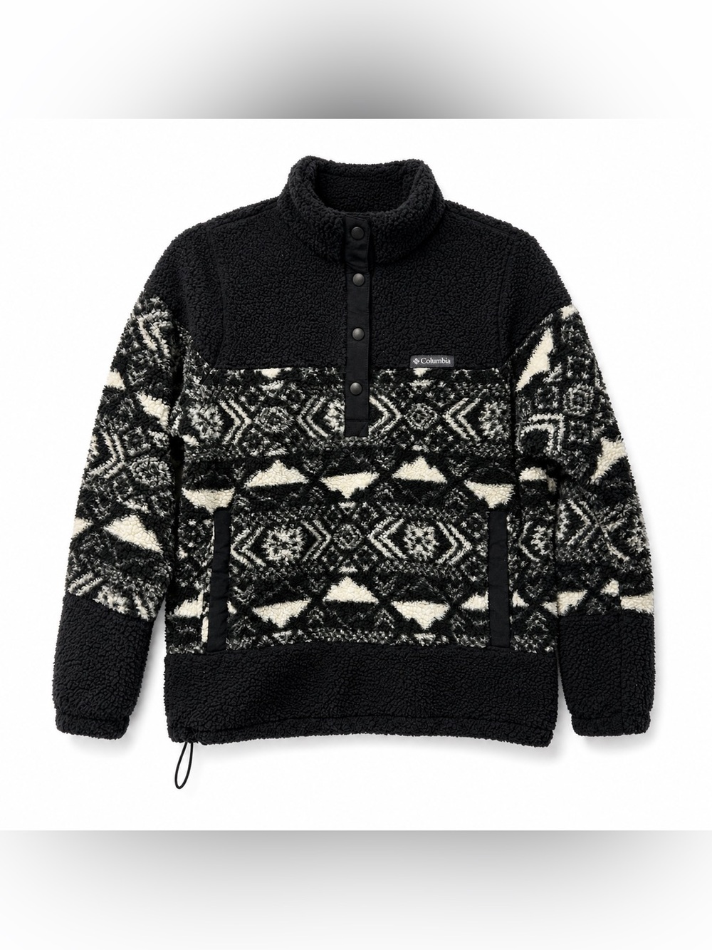 Columbia Mens Black Tribal Print Sherpa Pullover Sweater Small Fleece Snap Front
